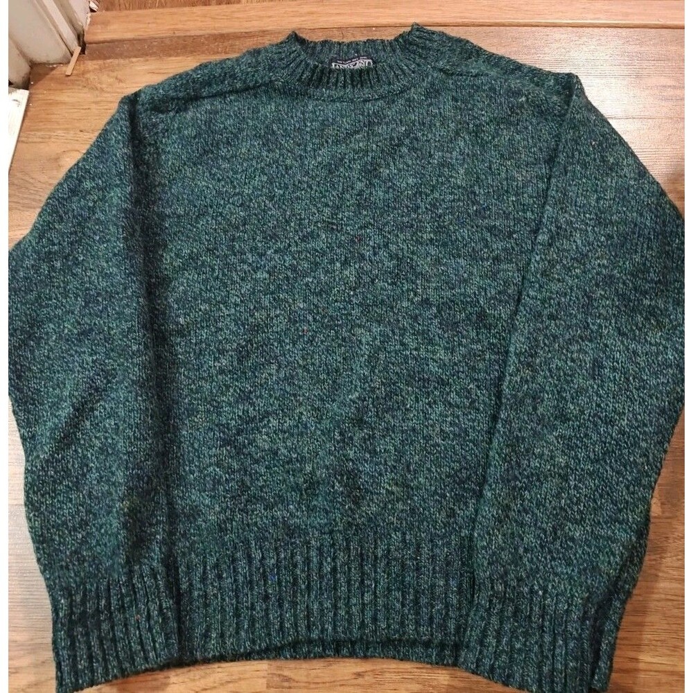 VTG 90s Lands End Speckled Green Shetland Wool Sweater Made In Hong Kong Large